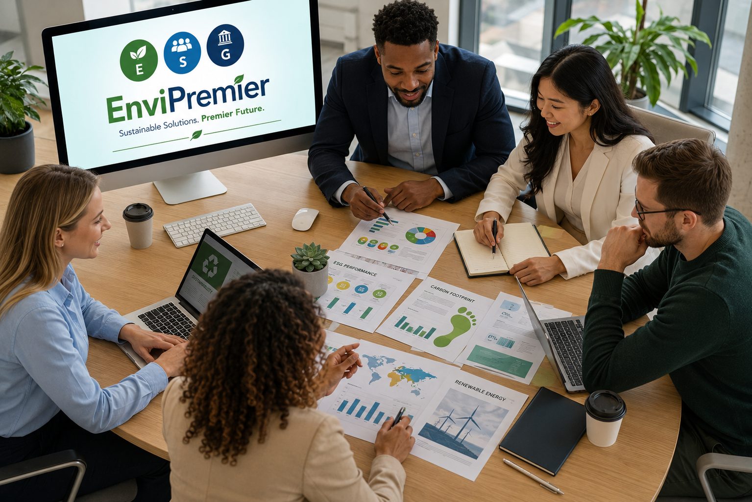 EnviPremier Consult team reviewing ESG performance and carbon footprint data